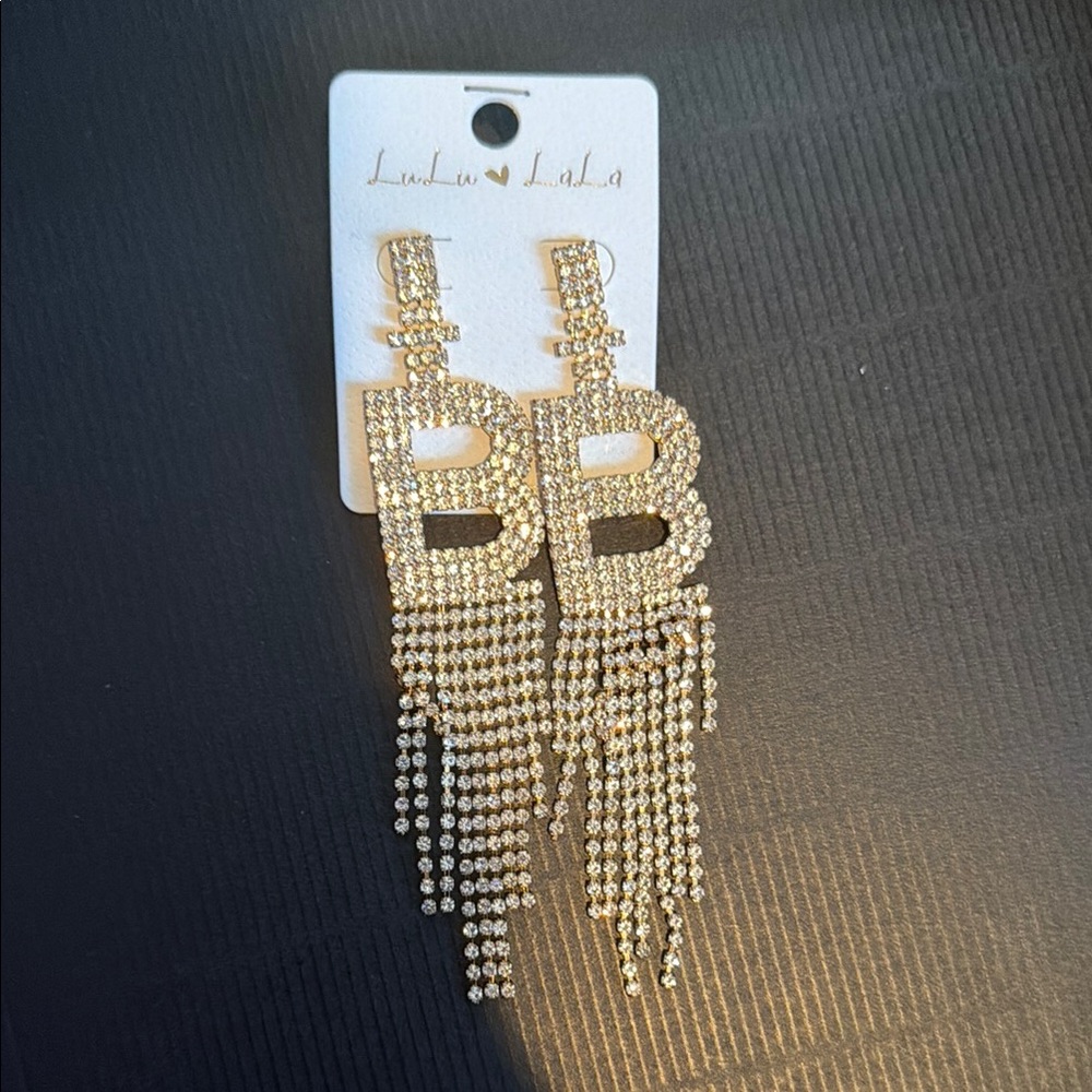 Gold Crystal Fringe Earrings - Letter B